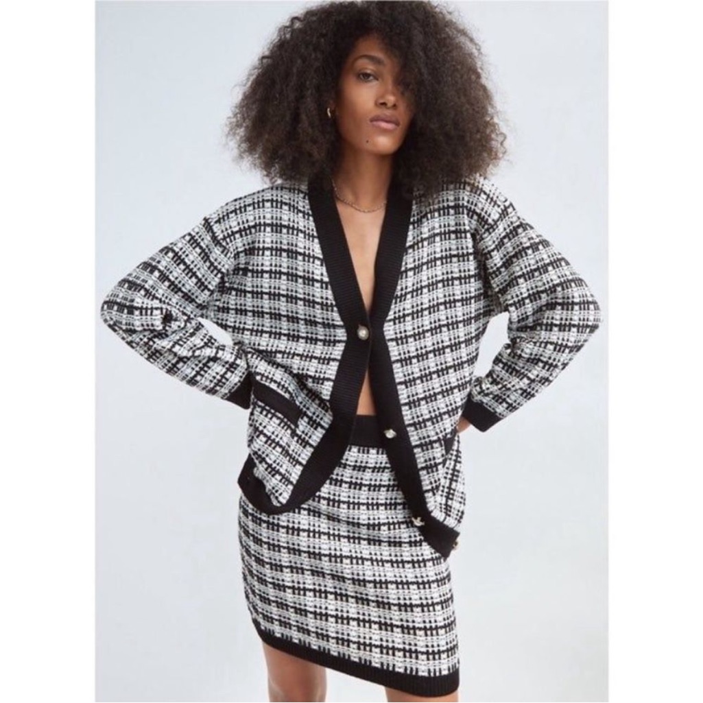 Aritzia Babaton Merino Wool Lacer Cardigan Sweater Monochrome Checkered Blazer S